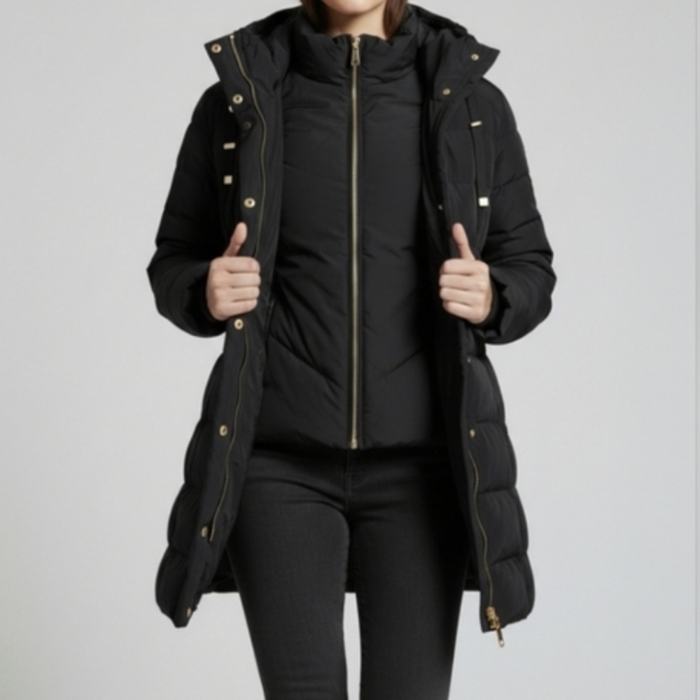 COLE HAAN Signature Black Quilted Down Puffer Coat Jacket Size Small